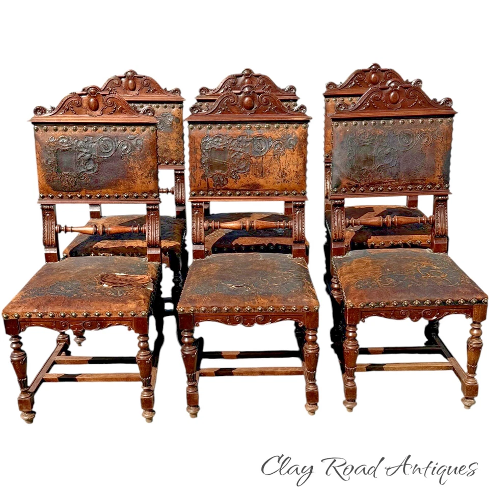 Antique Heavily carved victorian  renaissance 6 castle  chairs leather 1880 - Image 1 of 4