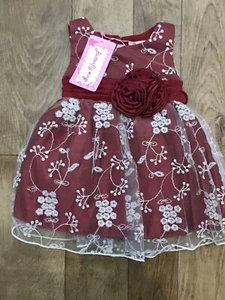 Girls Red White Floral Embroidered Flared Sleeveless Occasion Dress 3-6m A22 - Picture 1 of 9