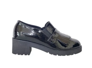SCARPE MOCASSINI FRANCESINE DONNA PELLE VERNICE NAPLAK NERO TACCO MEDIO ITALY - Foto 1 di 6