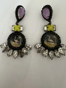 Loren Hope Purple Amethyst Rhinestone Dangle Drop Pierced Earrings Flamingos - Picture 1 of 5