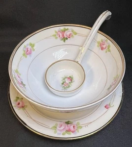 ATQ VTG Noritaki Nippon Footed Condiment/Mayonaise Bowl Plate & Ladle Pink Roses - Picture 1 of 24