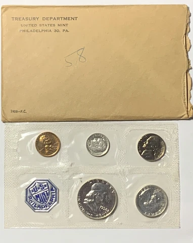 1958 Proof Set Original Envelope 90% Silver US Mint 5 Coins Cover