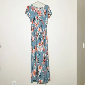 Pink Blush Maternity Dress Size Medium Floral V-Neck Wrap Maxi Long Short Sleeve - Picture 1 of 12