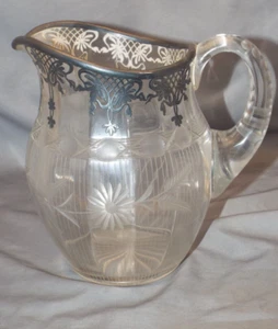 Jarra de agua de vidrio grabado vintage con esterlina - Imagen 1 de 7
