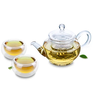 Mini 3in1 Tea Set - 320ml Heat Resistant Glass Teapot + 2x Double Wall Cups - Picture 1 of 9