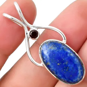 Lapis Lazuli - Afghanistan & Garnet 925 Sterling Silver Pendant Jewelry P-1038 - Picture 1 of 5