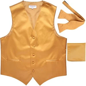 New Men's Solid Tuxedo Vest Waistcoat & Free Style Self-tie Bowtie Set Gold - Picture 1 of 5