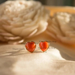 14k Yellow Gold Heart Shaped Coral Gemstone Earrings Handmade Jewelry Gift  - Picture 1 of 4