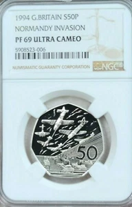 1994 GREAT BRITAIN SILVER 50 PENCE NORMANDY INVASION NGC PF 69 ULTRA CAMEO  - Picture 1 of 4