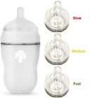 Premium Silicone Baby Bottle w/ 3 pk slow/med/fast flow nips 