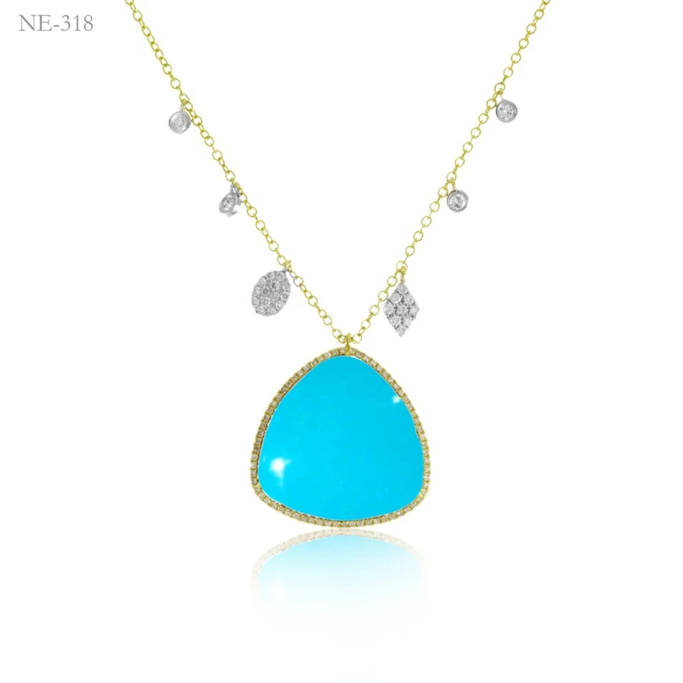 Genuine Turquoise & Diamond Charms Necklace 14k Gold Party Wear Jewelry Gifts - Image 1 of 2