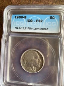 1930-S F12 2 Feather Buffalo Nickel, Under Graded ICG, Two Feathers - Picture 1 of 4