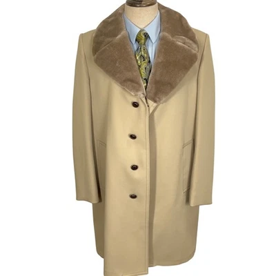 London Fog Overcoat Men 42L Beige Taupe Faux Fur Lined Grandpa 50s Dress VTG - Image 1 of 4