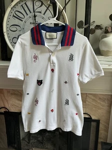 GUCCI men's polo shirt - white multimedia embroidery with red/blue collar - sz M - Picture 1 of 9