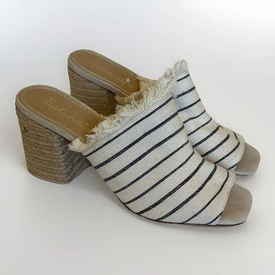 Splendid 凉鞋女式 10 码男爵跟拖鞋奶油色黑色帆布条纹 — 第 1/4 张图片