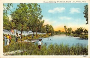 Postal OH: Channel Fishing, Grand Lake, Celina, Ohio, lino vintage - Imagen 1 de 2