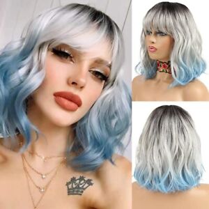 Short Bob Curly Wig With Bangs Dark Roots Ombre Silver Blue Synthetic Hair Wigs
