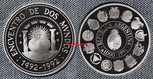ARGENTINA 1000 AUSTRALES plata 1991 Encuentro Dos Mundos 1ª SERIE IBEROAMERICANA - Picture 1 of 5