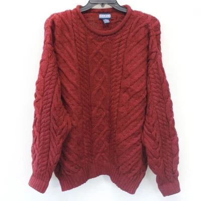 Lands' End chunky cable knit 100% wool sweater burgundy Large 42-44 England - Image 1 of 4