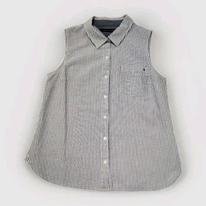 Tommy Hilfiger Seer Sucker Blue Sleeveless Button Up Shirt Size Medium - Picture 1 of 5