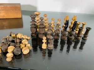 Antique Set Hand Turned Wooden French Regency Chess Pieces w/Box - Picture 1 of 18
