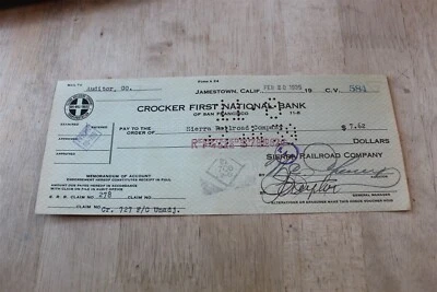 CROCKER FIRST NATIONAL BANK - JAMESTOWN, CA CHECK 1939 SIERRA RAILROAD  - Image 1 of 2