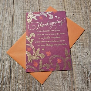 Thanksgiving Greeting Card 5x7 Burgundy Orange Leaves Gold Ornate Hallmark - Picture 1 of 7