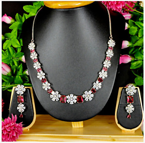 Sterling Silver Plated Cubic Zirconia Handmade Necklace Earrings Jewellery Set