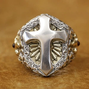 Brass Cross Shield 925 Sterling Silver Huge Cross Ring TA470B UK Size P½~Z5 - Picture 1 of 27