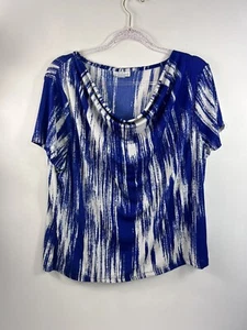 Jaclyn Smith Blouse Women's Sz XL Blue/White Cowl Neckline Short Sleeve - Picture 1 of 8