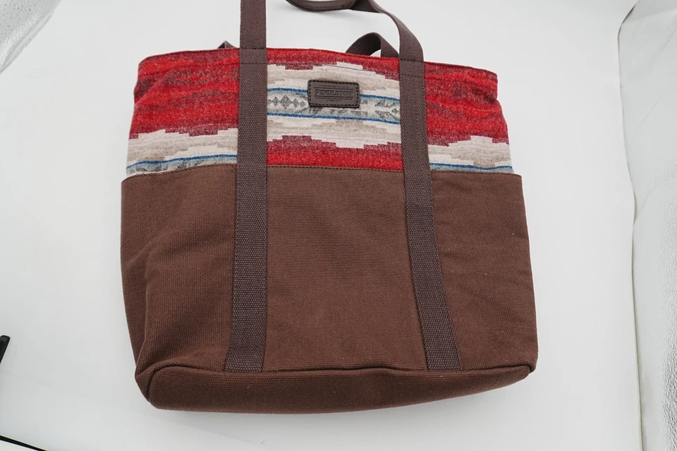 Pendleton Wool & Canvas Tote Bag Brown Red Southwest Pattern Leather Trim - Image 1 of 4