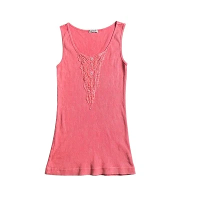 Camiseta sin mangas acanalada vintage Y2K One World talla grande perlas encaje delicada coqueta hada Foto 1 de 4