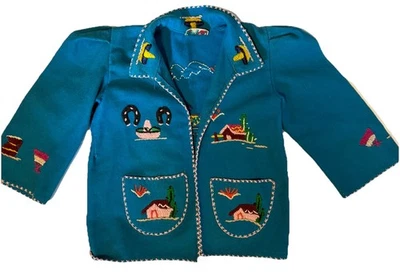 Lopez Mexico Vtg Wool Child Jacket Embroidery 1950s Lucky Horseshoe 4-6X  Linen - Image 1 of 4