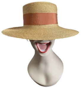 VTG Hat Straw Italy Ribbon Hat Pin Super Ideal 6 3/4 Tag Leather Trim Chin Strap - Picture 1 of 21