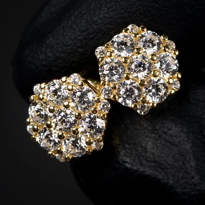 Pendientes octágono con racimo de flores de oro amarillo 925 de plata de ley Foto 1 de 4