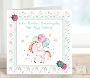 PERSONALISED WATERCOLOUR UNICORN THEMED BIRTHDAY CARD FOR DAUGHTER GRANDAUGHTER - Picture 1 of 3