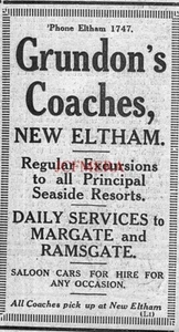 GRUNDON'S New Eltham, Coach Excursion Services Advert VERY Small 1932 Ad 698/10 - Picture 1 of 1