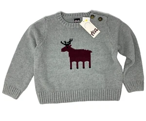 NWT Tea Collection Baby Boys 12-18 Months Gray Moose Winter Holiday Sweater - Picture 1 of 6