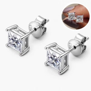 0.4-2ct Princess Cut D VVS1 Moissanite Stud Earrings Women 14K White Gold Plated - Picture 1 of 15