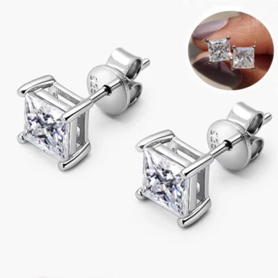 0.4-2ct Princess Cut D VVS1 Moissanite Stud Earrings Women 14K White Gold Plated - Image 1 of 4