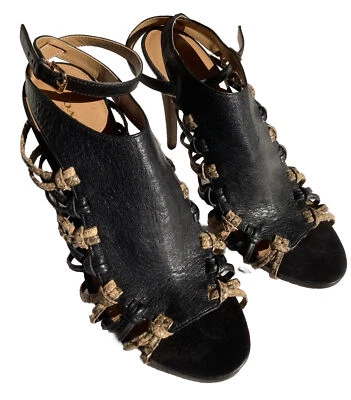 Women’s 10 Coach Jody Cage Sandals Black/ Brown, 5” Stiletto Heel, Wrap Ankle - Image 1 of 4