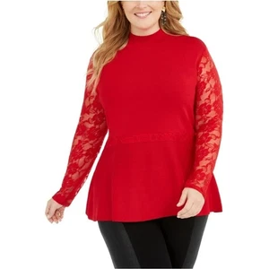 INC International Concepts Red Mock Neck Lace Sleeve Peplum Sweater Size 2X NWT - Picture 1 of 12
