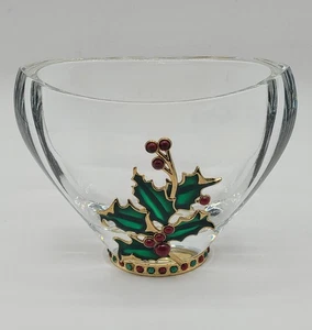 Bohemian Czech 24% Lead Crystal Jeweled Enameled Christmas Holly Vase 4"×5.5"×3" - Picture 1 of 13
