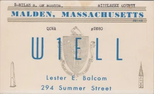 amateur ham radio QSL postcard W1ELL Lester E Balcom 1966 Malden Massachusetts - Bild 1 von 1