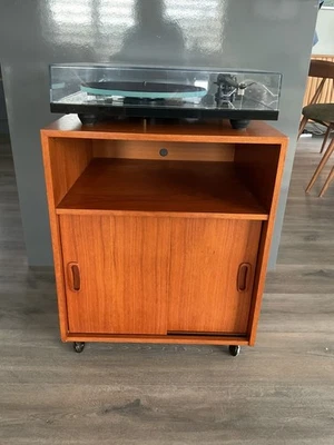 Retro 1970's Teak Vinyl Record Cabinet - Vintage on Original Casters  - Image 1 of 4