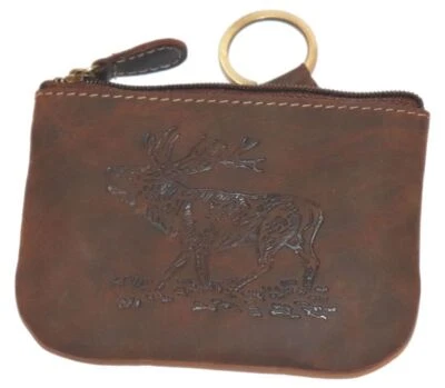 AKAH Schlüsseletui Hirsch aus braunem Antikleder mit Münzfach + stabilen Ringen