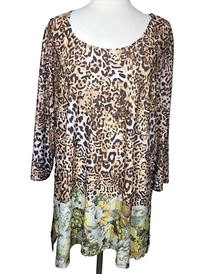 Slinky Brand 2X Leopard Blue Green Floral Tunic Top 3/4 Sleeve Stretch USA - Image 1 of 4