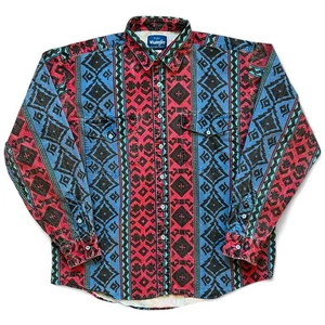 Vintage Wrangler Brushpopper Blue Red Teal Black Aztec Button Up Denim Shirt L  - Picture 1 of 9