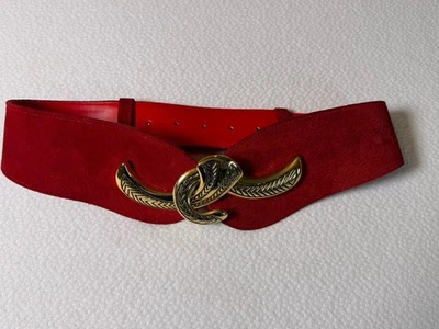 Vintage 80's Wide V Belt Red Suede Ornate Gold Etched Hook Buckle Art to Wear - Image 1 of 3