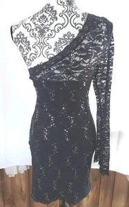 Vtg Sequin Hearts Asymmetric Navy Lace Dress Waist Ruching With Sequins Size 9  - Picture 1 of 5